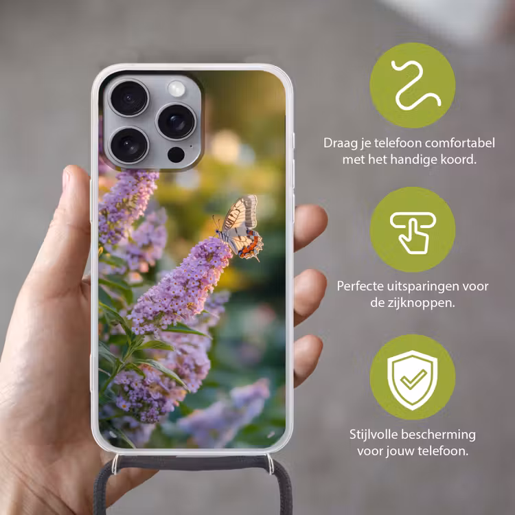 Sierlijke - Vlinder - Paarse - Bloemen Hoesje iPhone 16 Pro Max met koord klein -sfeer2_NL
