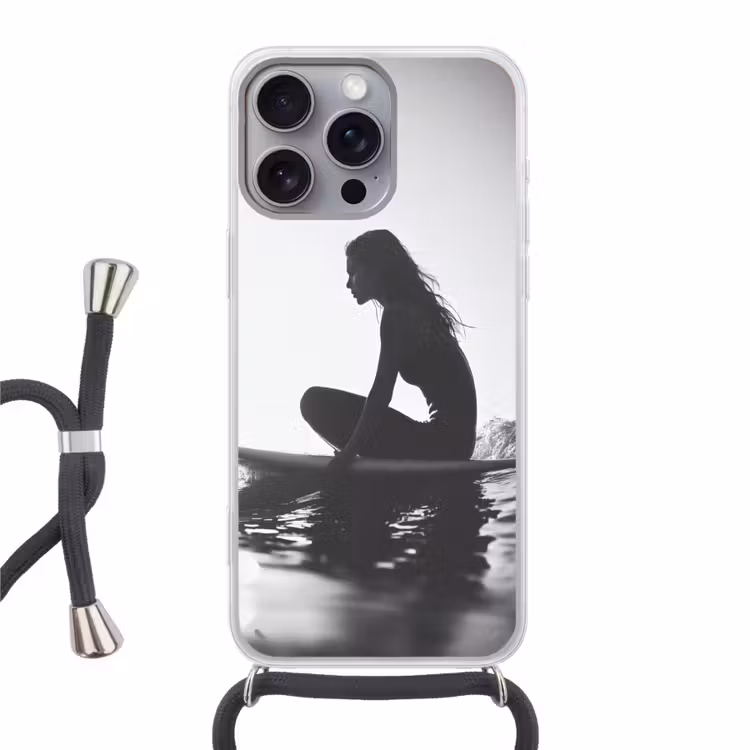 Silhouet - Vrouw - Surfplank - Water Hoesje iPhone 16 Pro Max met koord klein -3d