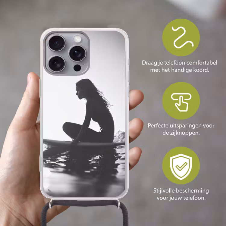 Silhouet - Vrouw - Surfplank - Water Hoesje iPhone 16 Pro Max met koord klein -sfeer2_NL