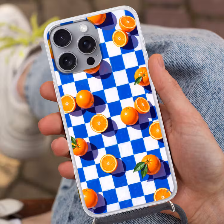 Telefoonhoesje met koord - Sinaasappel - Geruit - Eten - Sinaasappel - Geruit - Eten Hoesje iPhone 16 Pro Max met koord klein