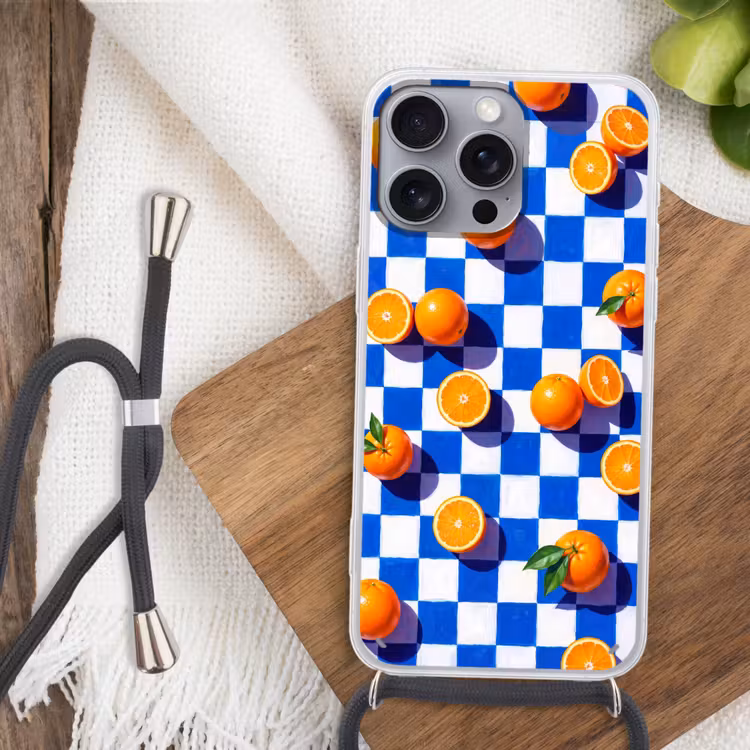 Telefoonhoesje met koord - Sinaasappel - Geruit - Eten - Sinaasappel - Geruit - Eten Hoesje iPhone 16 Pro Max met koord klein