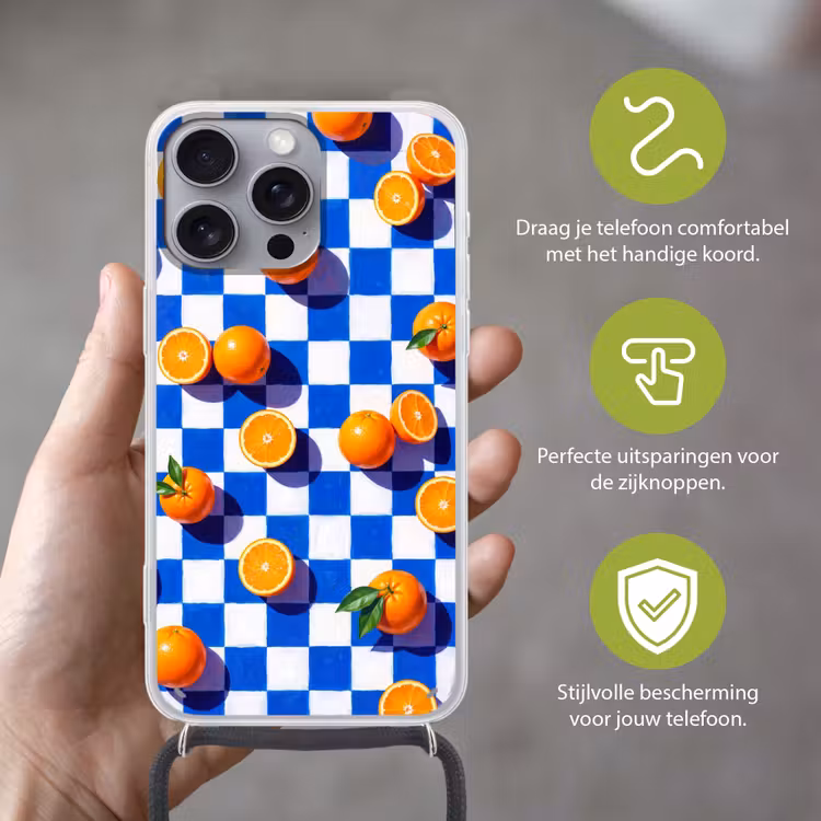 Telefoonhoesje met koord - Sinaasappel - Geruit - Eten - Sinaasappel - Geruit - Eten Hoesje iPhone 16 Pro Max met koord klein