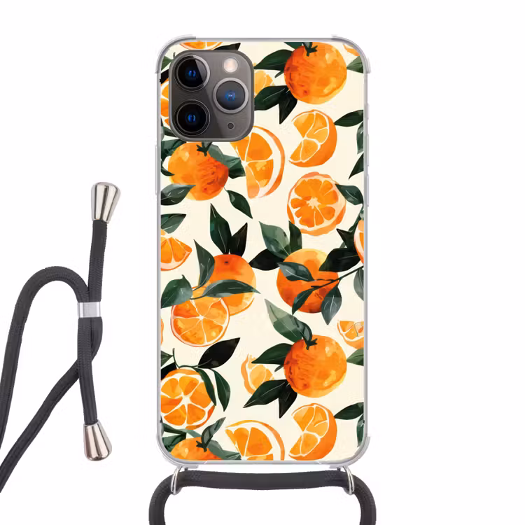 Sinaasappels - Vruchten - Bladeren - Oranje - Groen - Beige Hoesje iPhone 12 Pro met koord klein -3d