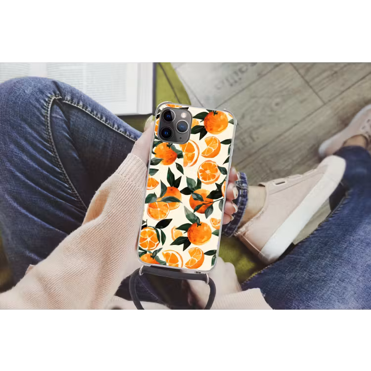Sinaasappels - Vruchten - Bladeren - Oranje - Groen - Beige Hoesje iPhone 12 Pro met koord klein -hand