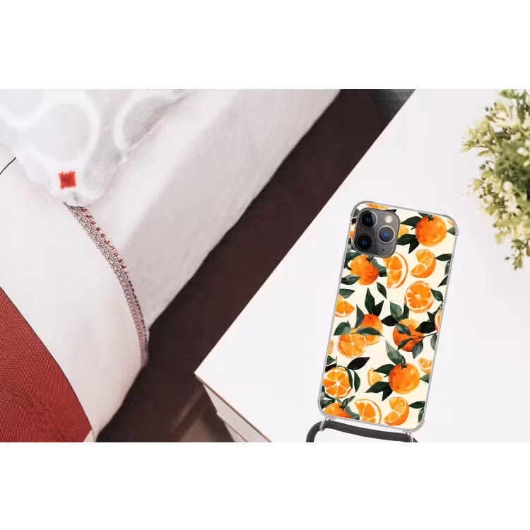 Sinaasappels - Vruchten - Bladeren - Oranje - Groen - Beige Hoesje iPhone 12 Pro met koord klein -kamer