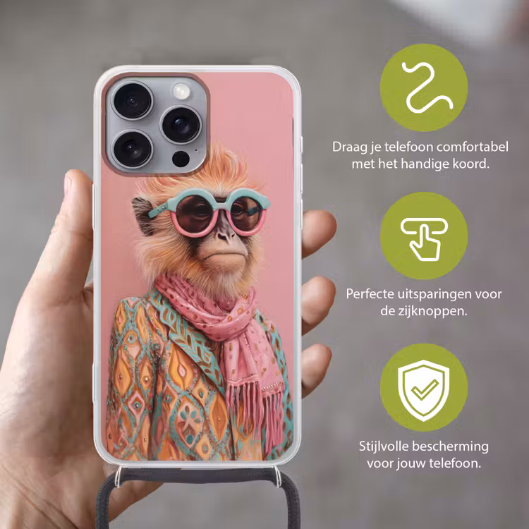 Sjaal - Aap - Zonnebril - Jasje Hoesje iPhone 16 Pro Max met koord klein -sfeer2_NL