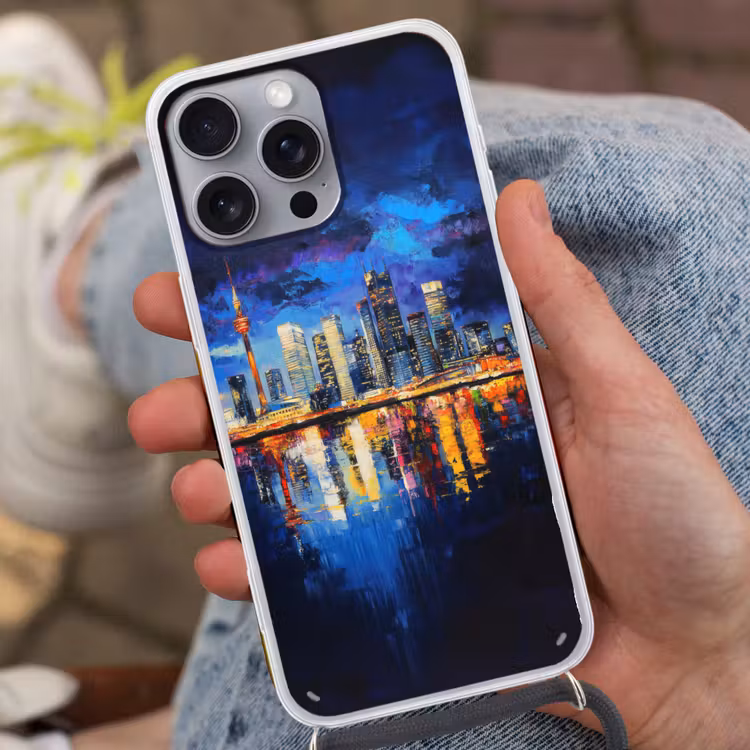 Skyline Toronto - Modern - Stadslicht - Blauw Hoesje iPhone 16 Pro Max met koord klein -sfeer3