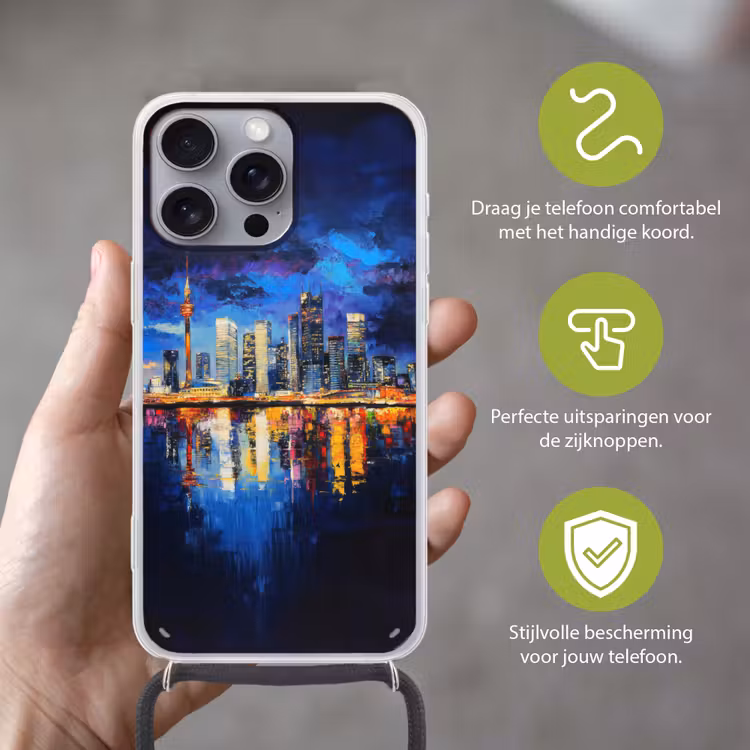 Skyline Toronto - Modern - Stadslicht - Blauw Hoesje iPhone 16 Pro Max met koord klein -sfeer2_NL