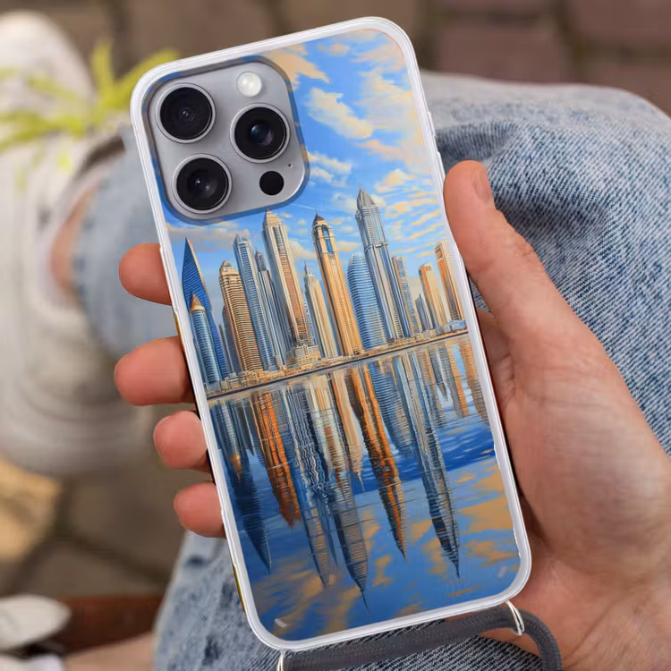 Skyline - Wolkenkrabbers - Water - Blauw Hoesje iPhone 16 Pro Max met koord klein -sfeer3