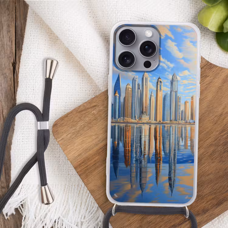 Skyline - Wolkenkrabbers - Water - Blauw Hoesje iPhone 16 Pro Max met koord klein -sfeer4