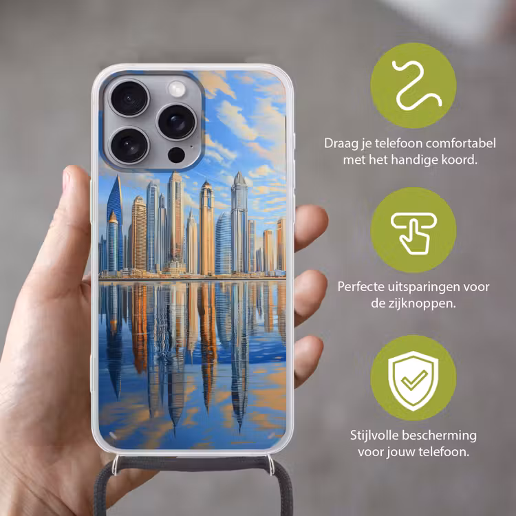 Skyline - Wolkenkrabbers - Water - Blauw Hoesje iPhone 16 Pro Max met koord klein -sfeer2_NL