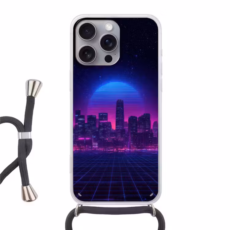 Skyline - Zon - Neon - Rasterpatroon Hoesje iPhone 16 Pro Max met koord klein -3d