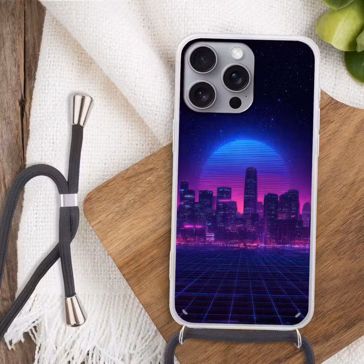 Skyline - Zon - Neon - Rasterpatroon Hoesje iPhone 16 Pro Max met koord klein -sfeer4
