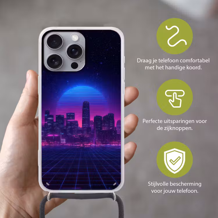 Skyline - Zon - Neon - Rasterpatroon Hoesje iPhone 16 Pro Max met koord klein -sfeer2_NL