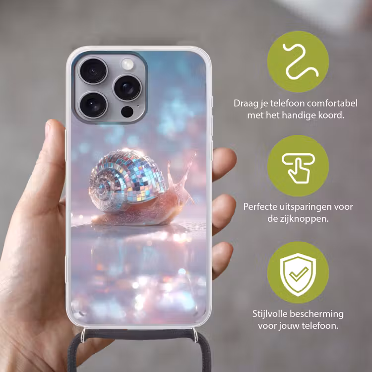 Slak - Disco - Mozaïek - Blauw Hoesje iPhone 16 Pro Max met koord klein -sfeer2_NL