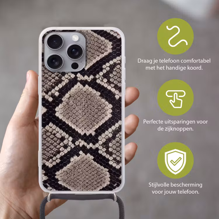 Slangenleer - Patroon - Beige Hoesje iPhone 16 Pro Max met koord klein -sfeer2_NL