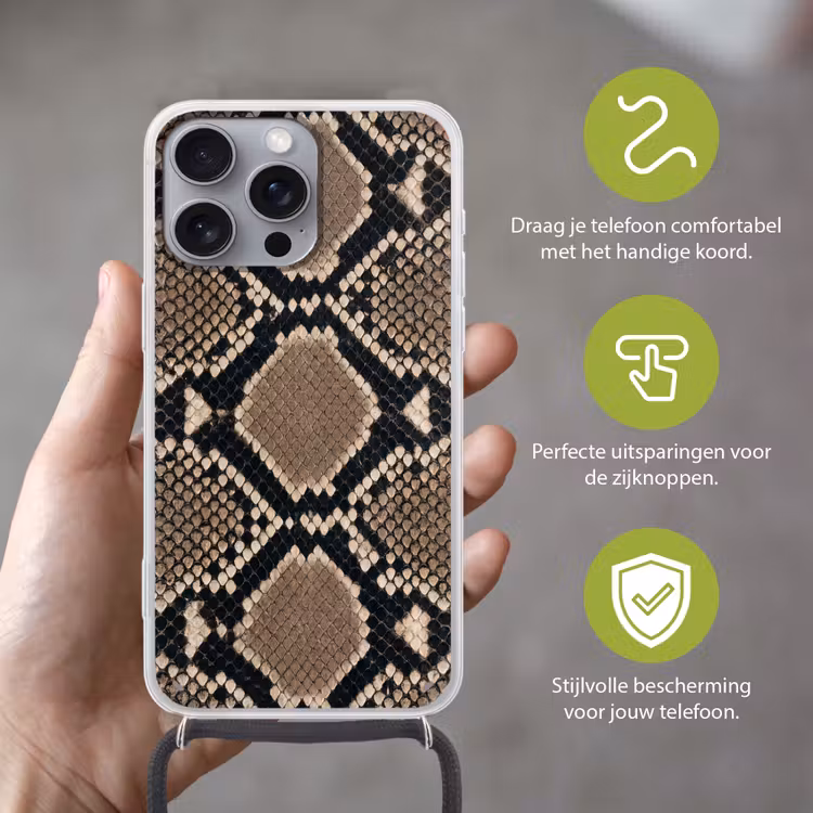 Slangenprint - Python - Bruin Hoesje iPhone 16 Pro Max met koord klein -sfeer2_NL