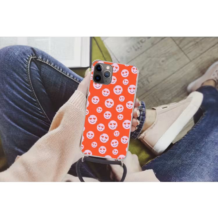 Smiley - Patroon - Hartjes - Rood - Roze Hoesje iPhone 12 Pro met koord klein -hand