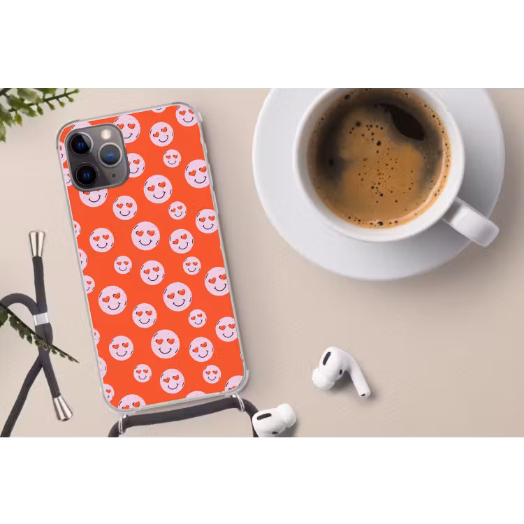 Smiley - Patroon - Hartjes - Rood - Roze Hoesje iPhone 12 Pro met koord klein -oordop