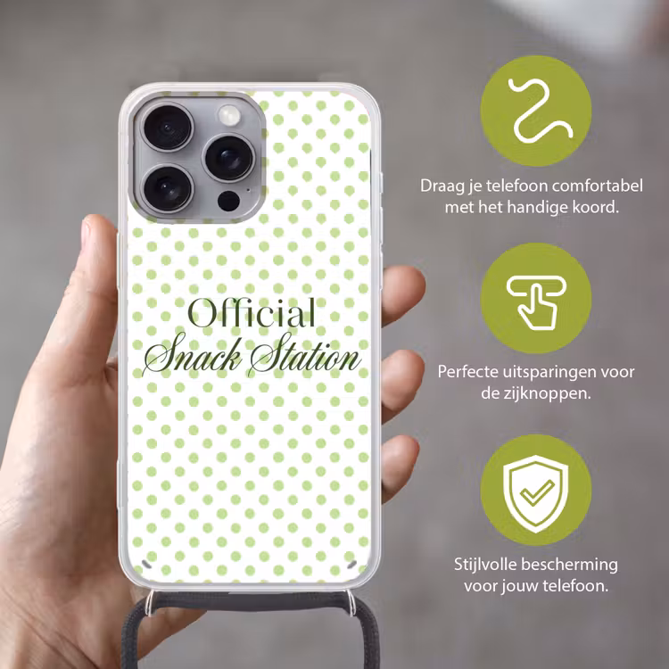 Snack Station - Groen - Stippen Hoesje iPhone 16 Pro Max met koord klein -sfeer2_NL