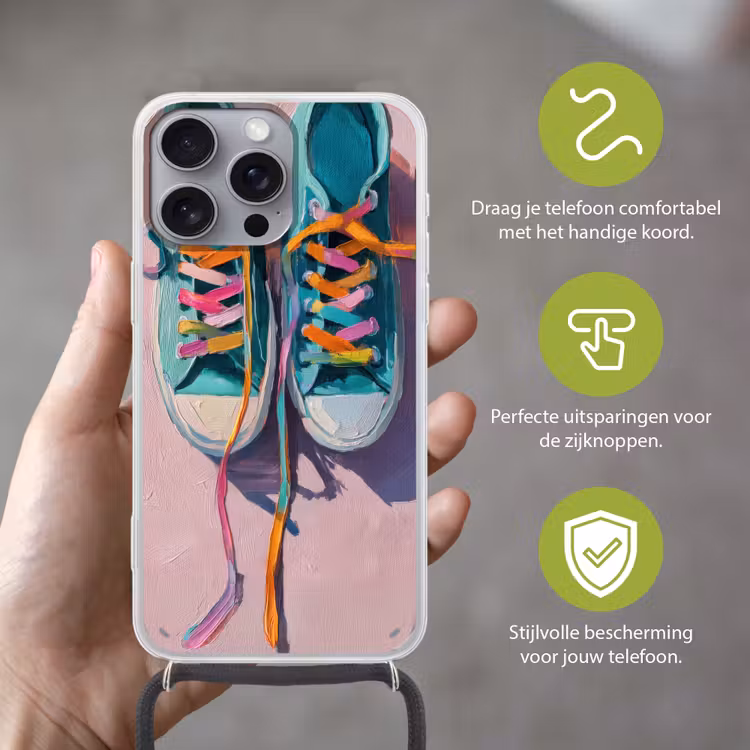 Sneakers - Veters - Kleurrijk - Schaduw Hoesje iPhone 16 Pro Max met koord klein -sfeer2_NL