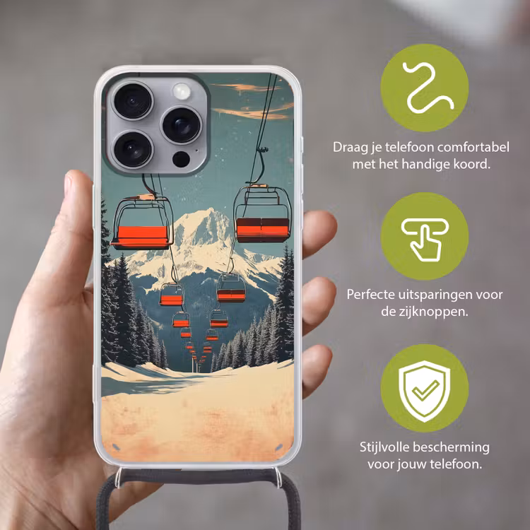 Sneeuw - Skilift - Rood - Bomen Hoesje iPhone 16 Pro Max met koord klein -sfeer2_NL