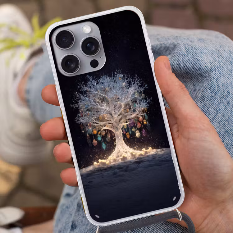 Sneeuwboom - Lichtjes - Wit - Kleurrijk Hoesje iPhone 16 Pro Max met koord klein -sfeer3