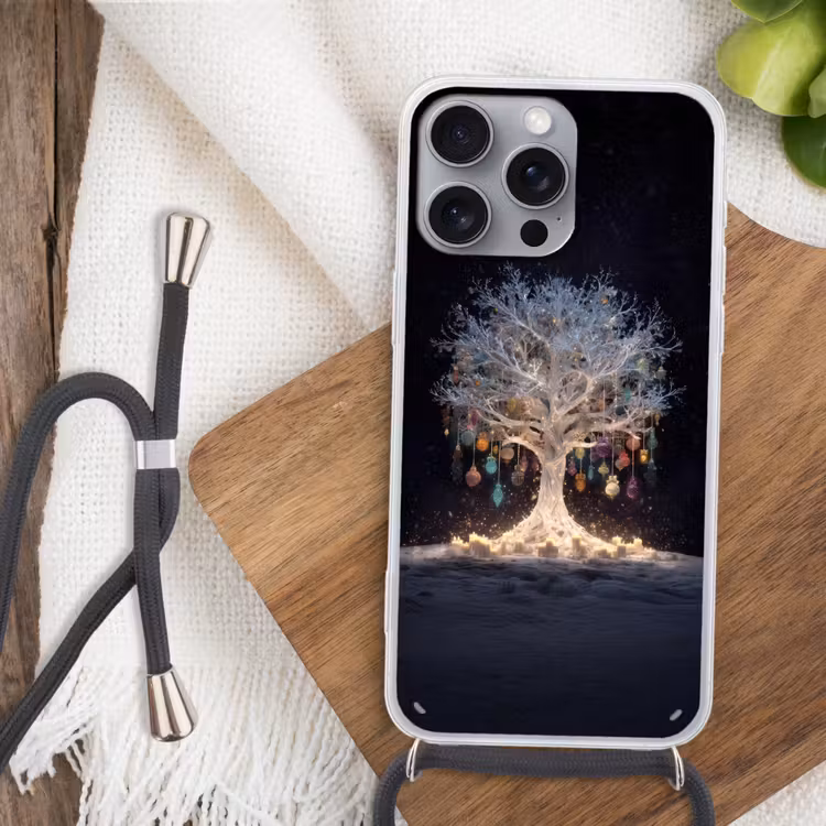 Sneeuwboom - Lichtjes - Wit - Kleurrijk Hoesje iPhone 16 Pro Max met koord klein -sfeer4