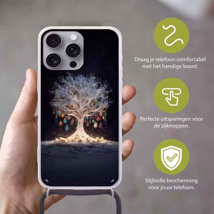 Sneeuwboom - Lichtjes - Wit - Kleurrijk Hoesje iPhone 16 Pro Max met koord klein -sfeer2_NL