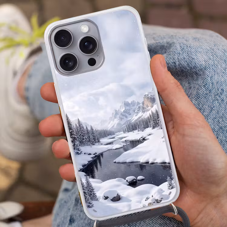 Sneeuwlandschap - Bergen - Rivier - Winter Hoesje iPhone 16 Pro Max met koord klein -sfeer3