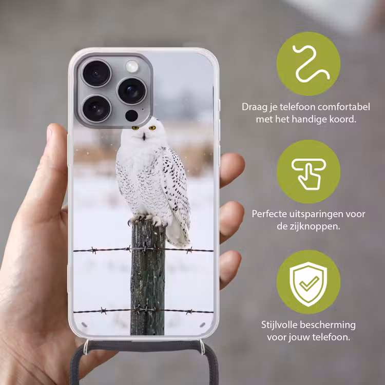 Sneeuwuil - Hek - Sneeuw - Wit Hoesje iPhone 16 Pro Max met koord klein -sfeer2_NL