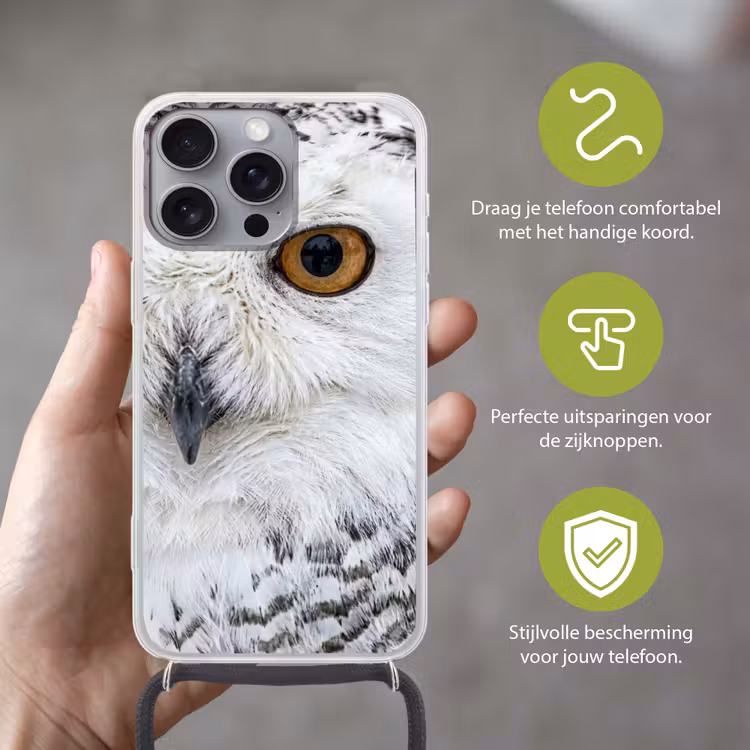 Sneeuwuil - Oog - Wildlife - Wit Hoesje iPhone 16 Pro Max met koord klein -sfeer2_NL
