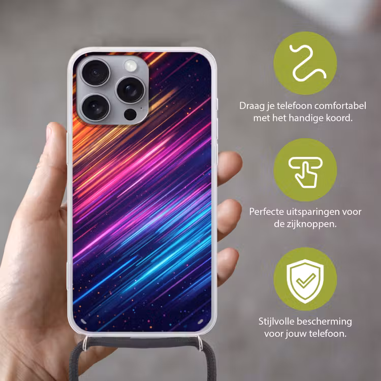 Snelheid - Kosmos - Kleurrijk Hoesje iPhone 16 Pro Max met koord klein -sfeer2_NL