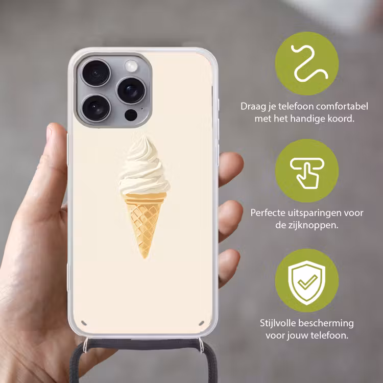 Softijs - Hoorntje - Wit Hoesje iPhone 16 Pro Max met koord klein -sfeer2_NL