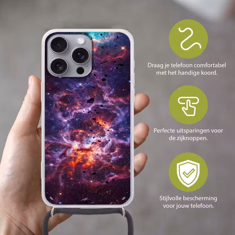 Space - Stars - Abstract - Colorful Hoesje iPhone 16 Pro Max met koord klein -sfeer2_NL