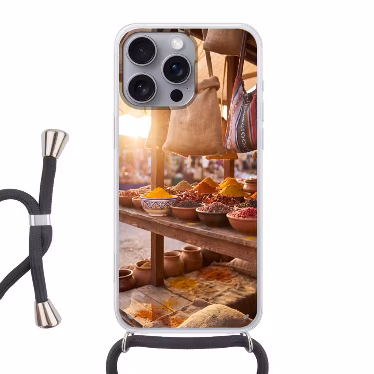 Telefoonhoesje met koord - Specerijen - Markt - Kleurrijk - Specerijen - Markt - Kleurrijk Hoesje iPhone 16 Pro Max met koord klein