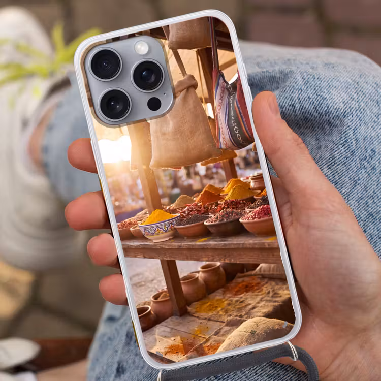 Telefoonhoesje met koord - Specerijen - Markt - Kleurrijk - Specerijen - Markt - Kleurrijk Hoesje iPhone 16 Pro Max met koord klein