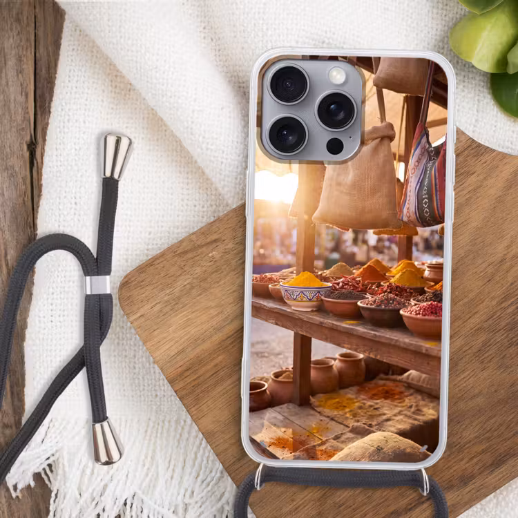 Telefoonhoesje met koord - Specerijen - Markt - Kleurrijk - Specerijen - Markt - Kleurrijk Hoesje iPhone 16 Pro Max met koord klein