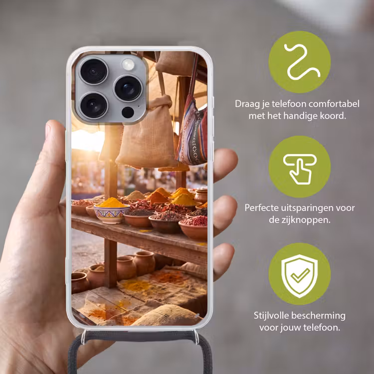 Telefoonhoesje met koord - Specerijen - Markt - Kleurrijk - Specerijen - Markt - Kleurrijk Hoesje iPhone 16 Pro Max met koord klein