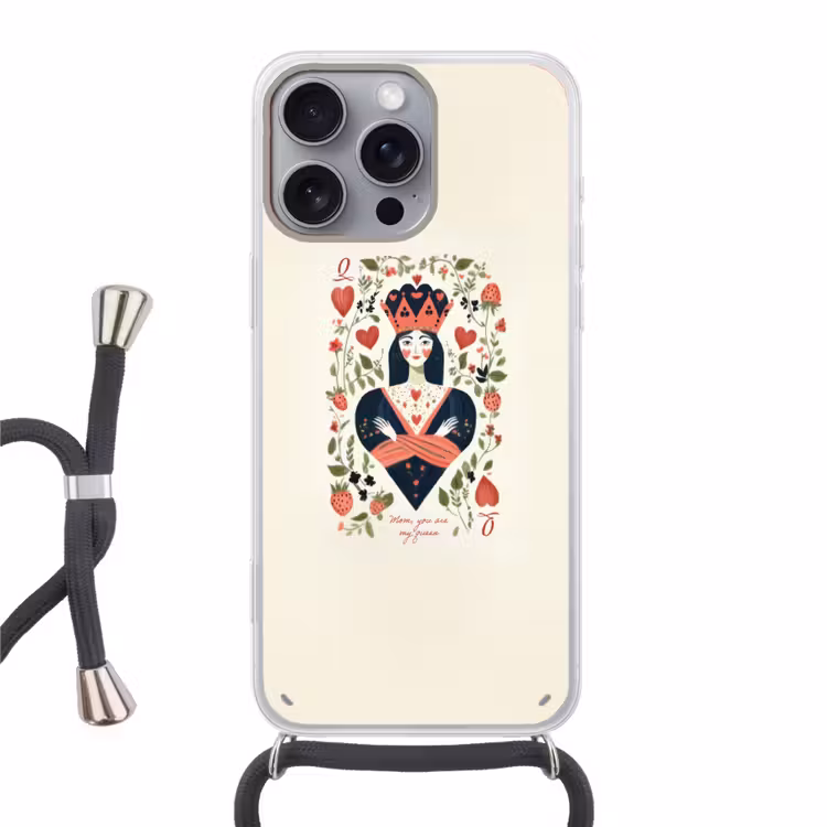 Speelkaart - Hartenkoningin - Bloemen - Hartjes Hoesje iPhone 16 Pro Max met koord klein -3d