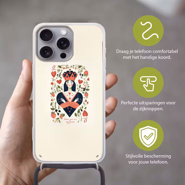 Speelkaart - Hartenkoningin - Bloemen - Hartjes Hoesje iPhone 16 Pro Max met koord klein -sfeer2_NL