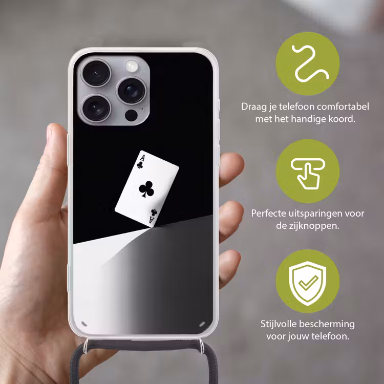 Speelkaart - Klaver - Abstract - Zwart Hoesje iPhone 16 Pro Max met koord klein -sfeer2_NL