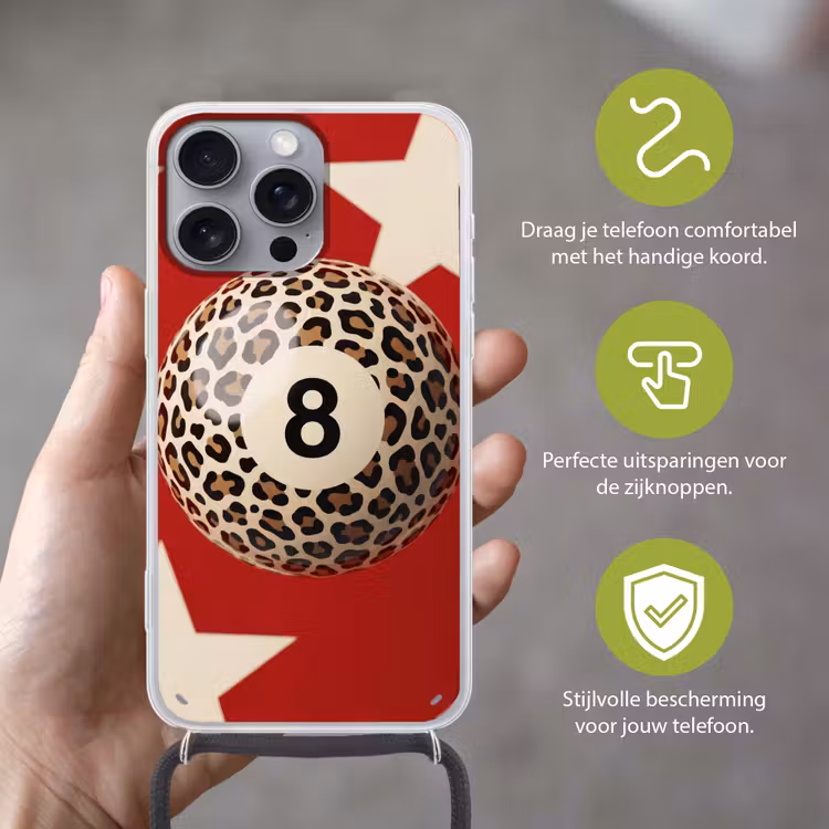 Spel - Dierenprint - Nummer 8 - Modern - Rood Hoesje iPhone 16 Pro Max met koord klein -sfeer2_NL