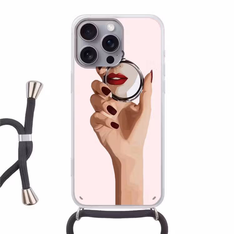 Spiegel - Rode lippen Hoesje iPhone 16 Pro Max met koord klein -3d