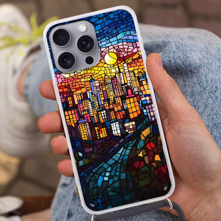 Stad - Maan - Mozaïek - Kleurrijk Hoesje iPhone 16 Pro Max met koord klein -sfeer3