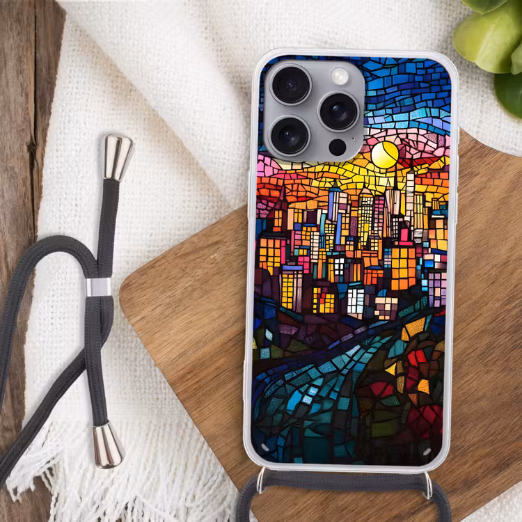 Stad - Maan - Mozaïek - Kleurrijk Hoesje iPhone 16 Pro Max met koord klein -sfeer4