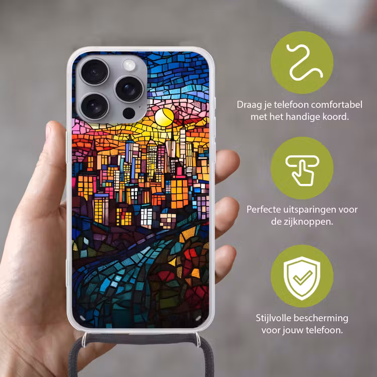 Stad - Maan - Mozaïek - Kleurrijk Hoesje iPhone 16 Pro Max met koord klein -sfeer2_NL