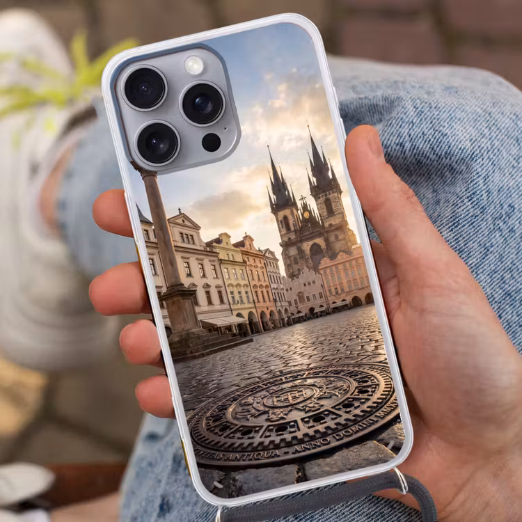 Stad - Praag - Ochtend - Architectuur - Goud Hoesje iPhone 16 Pro Max met koord klein -sfeer3