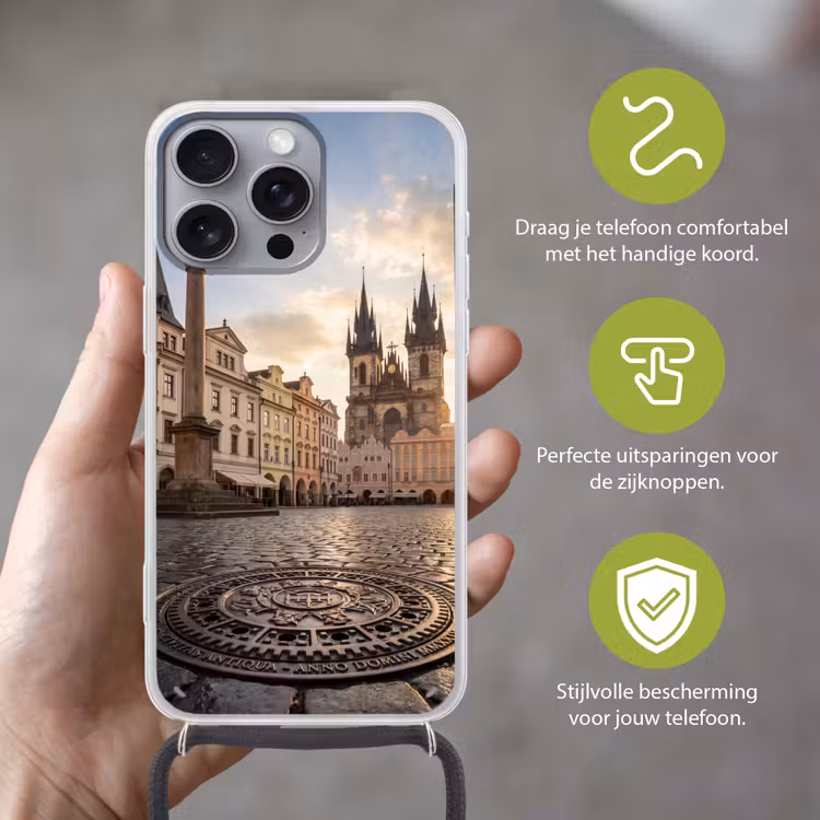 Stad - Praag - Ochtend - Architectuur - Goud Hoesje iPhone 16 Pro Max met koord klein -sfeer2_NL