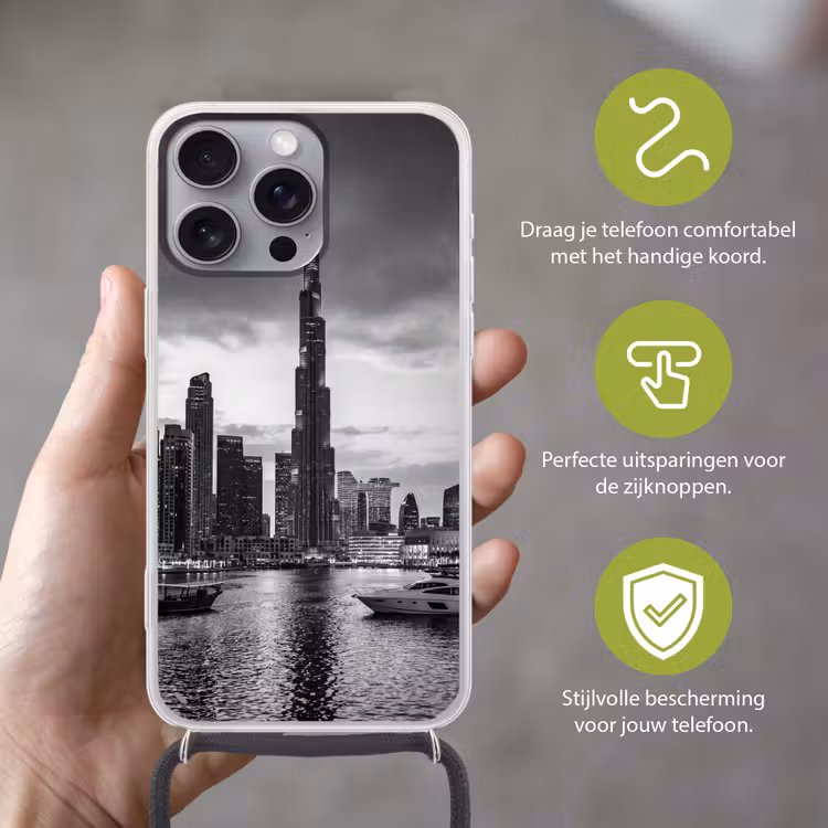 Stad - Skyline - Architectuur - Avond - Zwart-wit Hoesje iPhone 16 Pro Max met koord klein -sfeer2_NL